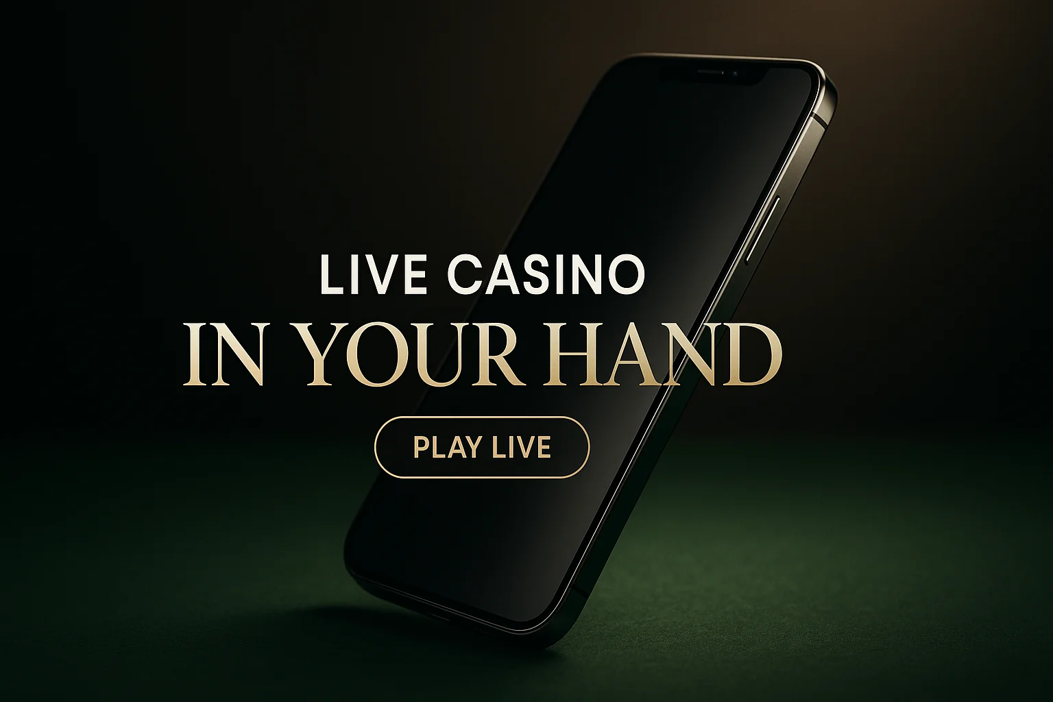 Photorealistic premium live casino banner with smartphone, green felt and gold CTA