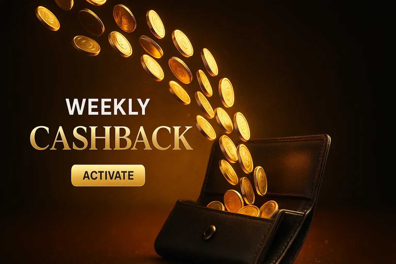 Photorealistic weekly cashback casino banner with gold coins flowing into luxury wallet