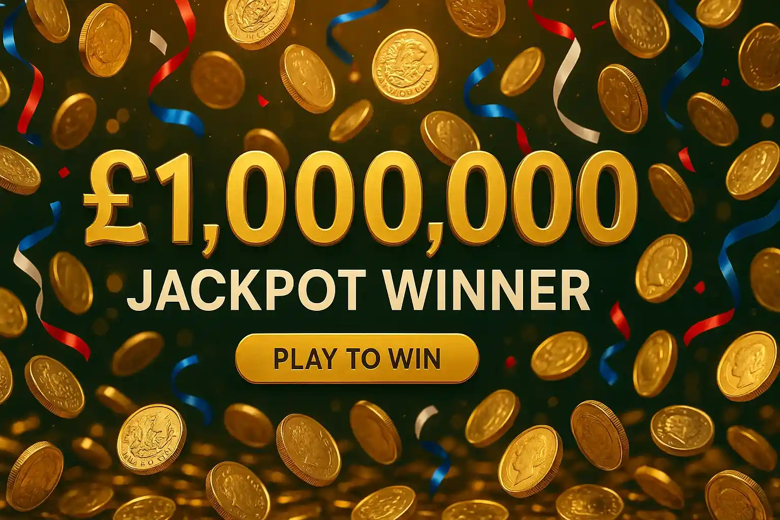 Photorealistic casino banner with gold pound coins, confetti and jackpot text