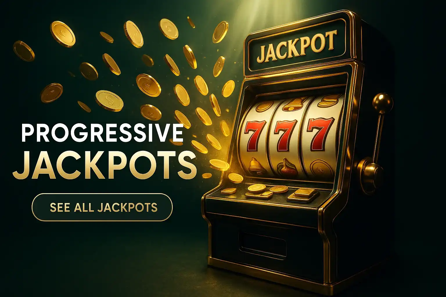 Photorealistic progressive jackpots casino banner with gold coins and slot machine
