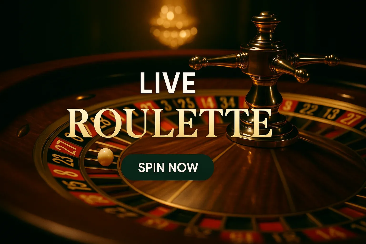Photorealistic live roulette banner with spinning wheel, green-gold palette and CTA