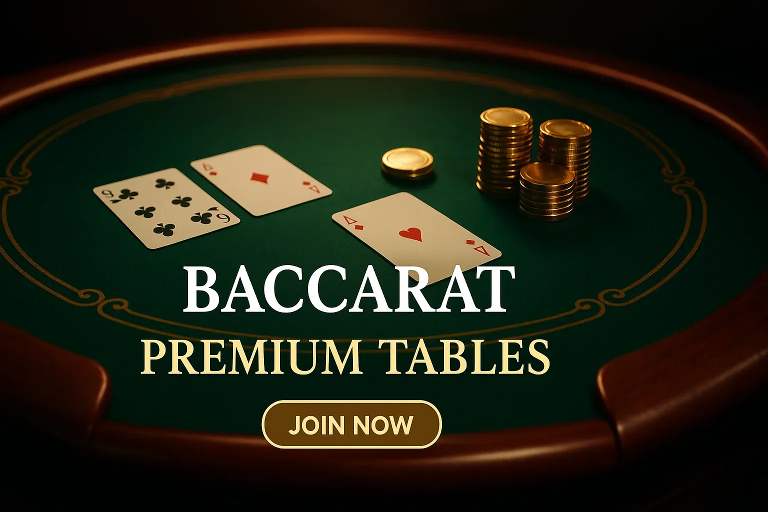 Luxury baccarat table banner with green felt, gold chips and centred text